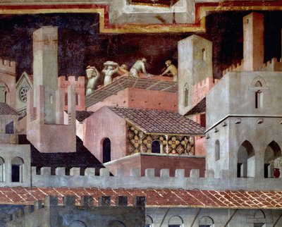 A jó és rossz kormányzás hatásai a városra és az országra. Részlet a jó kormányzás hatásairól a városban - 1338-1340, freskó alkotó: Ambrogio Lorenzetti
