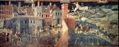 A jó és rossz kormányzás hatásai a városra és az országra. Részlet a városról. Ambrogio Lorenzetti freskója (1290-1348) alkotó: Ambrogio Lorenzetti