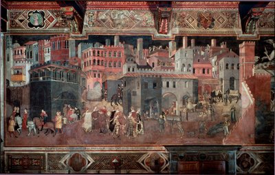 "A jó és a rossz kormányzás hatásai a városra és az országra." Részlet a városról. Ambrogio Lorenzetti freskója (1290-1348) alkotó: Ambrogio Lorenzetti