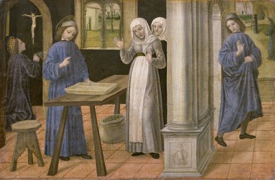 Az ima, A szita csodája és az indulás Subiaco felé, predella tábla egy oltárképről, amely jelenetek Szent Benedek életéből, 1488-95 alkotó: Ambrogio da Fossano