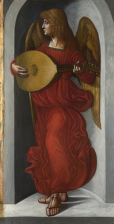 Vörös ruhás angyal lanttal (a milánói San Francesco oltárának szárnya). 1495-99 körül alkotó: Ambrogio de Predis