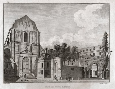 A Blancs Manteaux templom a párizsi Marais kerületben. 1780 körül (metszet) alkotó: Ambroise Louis Garneray