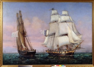 Visszatérés Elba szigetéről 1815.02.28. I. Napóleon (1769-1821) a „” The inconstant””” hajó fedélzetén átkel a „” Zephyr””-en”. Ambroise Louis Garneray (1783-1857) festménye 1837 V. 1,87x2,27 m alkotó: Ambroise Louis Garneray