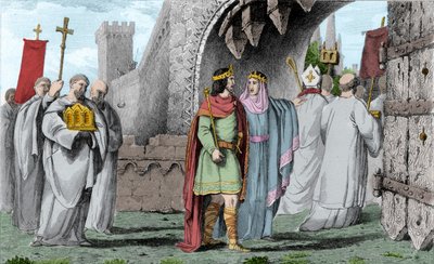 I. Chilperic (539-584) egy vallási körmenetben – I. Chilperic Sigebert meggyilkolása után egy körmenetet követően vonult be Párizsba, nehogy úgy tűnjön, megszegi az esküjét, amelyre csak testvérei beleegyezésével jött. Brunehaut (vagy Brunehilde alkotó: Ambroise Tardieu
