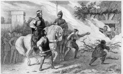 I. Chlothar (497-561) megégeti lázadó fiát és családját, 560 - I. Clotaire (Clothaire) (497-561), a frankok királya 560-ban elégeti fiát, Chramne-t (Chram, Chramn) és feleségét, akik fellázadtak ellene. neki - Metszet 1825 in „Histoire de France képviseli alkotó: Ambroise Tardieu