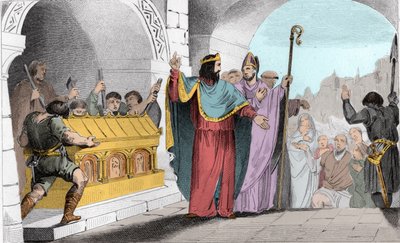 Clovis II (635-657) Ezüst és arany eladása a szentélyből a szegények élelmezésére – Clovis II dit “” le Faineant”” a szegények élelmezésére készítette az arany- és ezüstpengéket a Saint-Denis-i templomból – Metszet 1825-ben „Histoire de France képviseli sy alkotó: Ambroise Tardieu