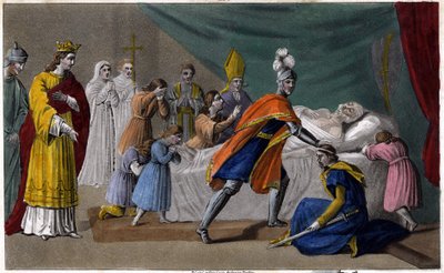 Herstal Pepin (635-714) halála családjával körülvéve - Pepin de Herstal (Pepin le Brief nagyapja) halála, családjával körülvéve és III. Dagobert (714) jelenlétében - Rajzolja és sírja Ambroise Tardieu 1825 alkotó: Ambroise Tardieu