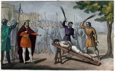 Lord Bodillont megkorbácsolják, miután panaszkodott II. Childeric (653-73) adóemelése miatt – II. Childeric poszthoz kötötte, és rabszolgát verve megvert egy Badillon vagy Bodillon nevű burgundi lordot, amiért fel merte mutatni neki a túlzás veszélyét. adó alkotó: Ambroise Tardieu