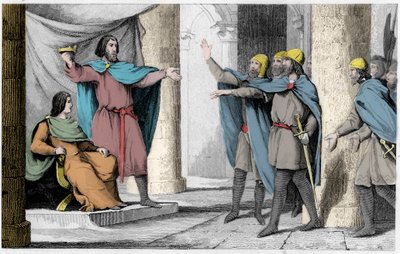 V. Lajos indolens koronáját mutatja meg követőinek 986-ban - Louis V le Faineant (kb. 967-987), akit Hugues Capet oltalmával kikiáltottak Franciaország királyává, aki 986-ban lett Franciaország királya - 1825-ös metszet a „ Histoire de France képviseli szi alkotó: Ambroise Tardieu