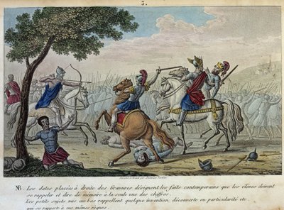 Merovee (447-458) dacol Attilával a Troyes melletti Catalaunique Fields-ben Aetiusszal és Theodorik I.-vel. Ő a frank-szaliánusok elbizakodott királya, és a Meroving-dinasztiának adta nevét. - Ambrose Tardieu rajza és sírja 1825-ben. alkotó: Ambroise Tardieu