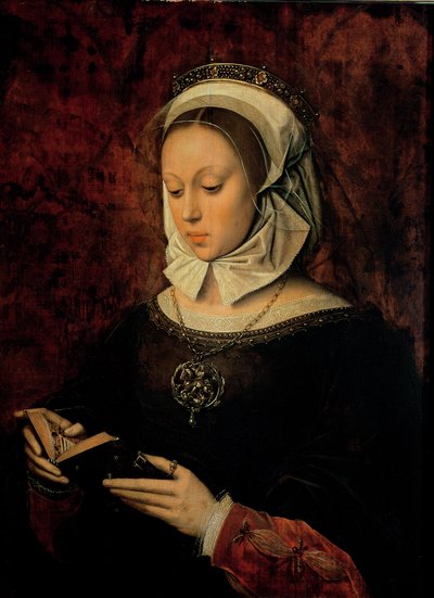 Fiatal nő egy órakönyvet olvas alkotó: Ambrosius Benson
