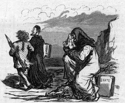 Szegény Dante sírni kezd, amikor meglátja Gustave Dore-t karba-karolva azzal a kis Rabelais emberrel. Cham rajzfilmje. Metszet a „” Le Monde Illustré”” 821. számban, január 4 alkotó: Amédée de Noé