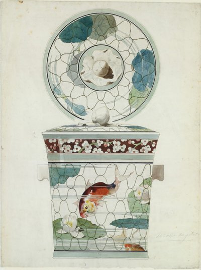 Tervezés egy lefedett edényhez a szolgáltatásban au Filet Fish Net Ware..., 1875-85. alkotó: Amédée de Caranza.