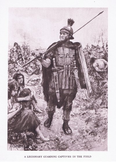 Egy légiós, aki foglyokat őriz egy mezőn, illusztráció: A római katona, 1928 alkotó: Amedee Forestier