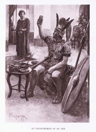Gyalogos egy fogadóban, illusztráció A római katona, 1928-ból alkotó: Amedee Forestier