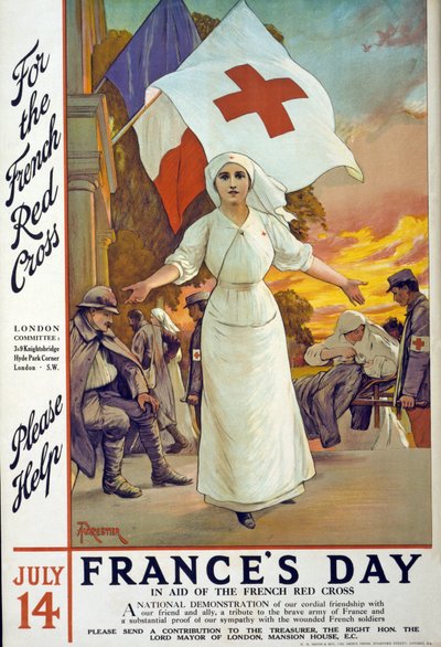 Adománygyűjtő felhívás a Francia Vöröskereszt támogatására a Franciaország Napján, július 14-én, kocsma. London, 1915 körül alkotó: Amedee Forestier