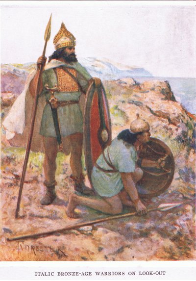 Dőlt bronzkori harcosok résen, illusztráció a "Római katona" című filmből alkotó: Amedee Forestier