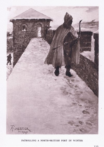 Télen járőrözik egy észak-britanniai erődben, illusztráció a Római katonából, 1928 alkotó: Amedee Forestier