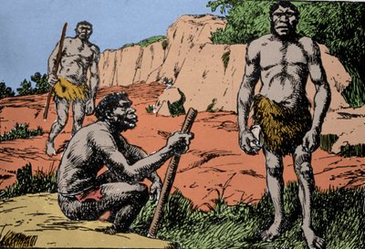 Őstörténet: a Homo rhodesiensis vagy a Broken Hill emberének ábrázolása, a Homo sapiens őse, akinek kövületeit Rodéziában (a mai Zambia Afrikában) fedezték fel. A. Forestier rajza. DR alkotó: Amedee Forestier