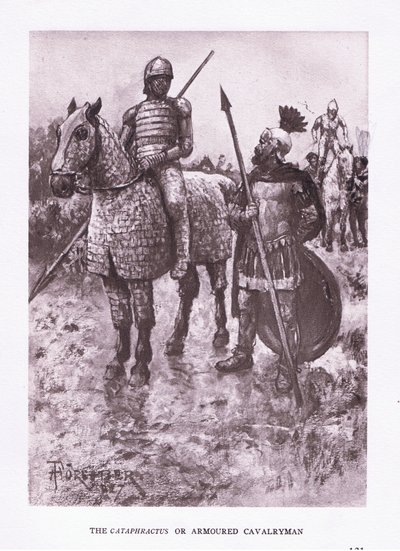 A Cataphractus vagy páncélos lovas, illusztráció A római katona című filmből, 1928 alkotó: Amedee Forestier