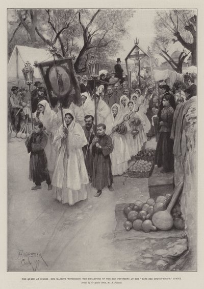 A királynő Cimiezben, Őfelsége tanúja a vörös bűnbánók távozásának a Fete des Cougourdons-on, Cimiezben. alkotó: Amedee Forestier