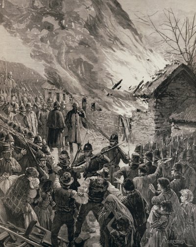 The Rent War in Ireland: Burning the Houses of Evicted Benants Glenbeigh, County Derry, The Illustrated London News, 1887. január 29. alkotó: Amedee Forestier