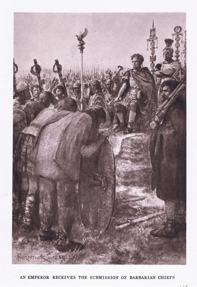 A császár megkapja a barbár főnökök beadványát, illusztráció a római katonától, 1928 alkotó: Amedee Forestier
