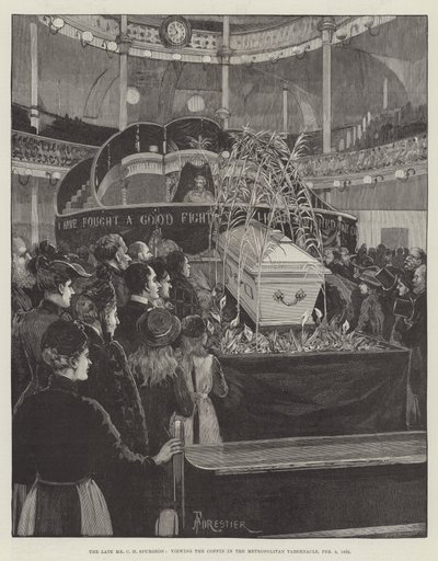 A néhai C. H. Spurgeon úr, a koporsót nézegeti a Metropolitan Tabernákulumban, 1892. február 9. alkotó: Amedee Forestier