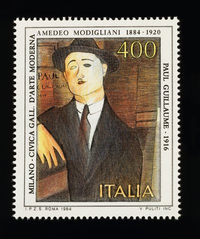 Postai bélyeg az olasz művészeti sorozatból Amedeo Modigliani (1884-1920) tiszteletére, Paul Guillaume portréja (1916), 400 lírás bélyeg alkotó: Amadeo (after) Modigliani