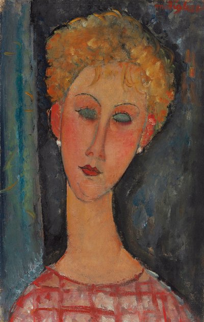 szőke nő göndör hajjal; A fülbevalós szőke, 1918-1919 körül alkotó: Amedeo Modigliani
