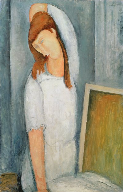 Jeanne Hebuterne (1898-1920) portréja bal karjával a feje mögött alkotó: Amedeo Modigliani