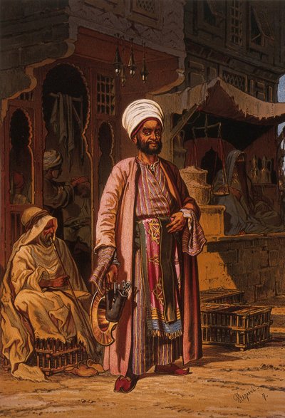 Egy férfi áll egy borbélyüzlet előtt, kezében a borbélymesterség eszközeivel. alkotó: Amedeo Preziosi