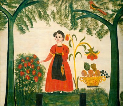 Piros ruhás lány virágokkal és disztelfinkkel alkotó: American 19th Century