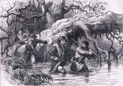 Clarke és katonái átkelnek a Wabash-on, illusztráció az Egyesült Államok Cassells történetéből, kiadó: Cassell, Petter & Galpin, 1900 körül (litho) alkotó: American English school
