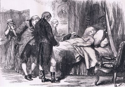 Washington a halálos ágyán, illusztráció a Cassells History of the Egyesült Államokból, kiadó: Cassell, Petter & Galpin, 1900 körül (litho) alkotó: American English school