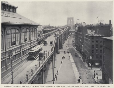 Brooklyn híd a New York-i oldalról, a Wagon Road, a Trolley Line, az Elevated Cars és a Promenade bemutatásával (f/w fotó) alkotó: American Photographer