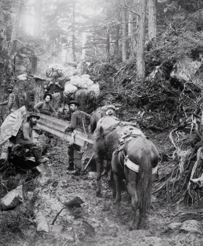 A Dyea-ösvény megmászása a Chilkoot-hágó felé vezető úton a Klondike-i aranyláz idején (1897-98) (f/w fotó) alkotó: American Photographer