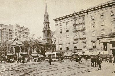 Szent Pál-kápolna és az Astor-ház, a City Hall Park mellett, New York City, 1892 alkotó: American Photographer