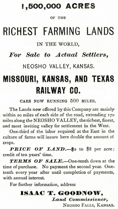 1 500 000 hektár a világ leggazdagabb mezőgazdasági területein, a Kansas állambeli Neosho Valley-ben, az Appletons Journal hirdetése, 1872. május 4. alkotó: American School
