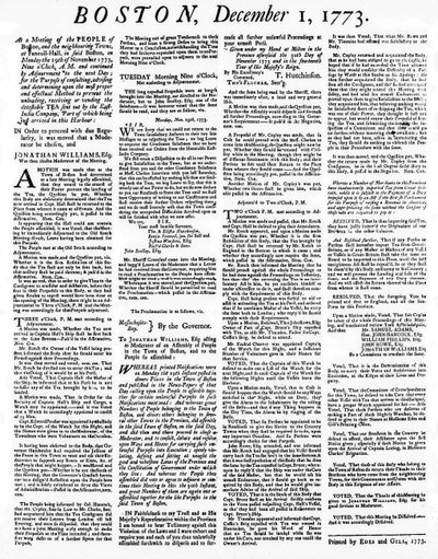 Egy Broadside újság, amely részletezi az 1773. decemberi bostoni teaparti eseményeit (nyomtatott) alkotó: American School
