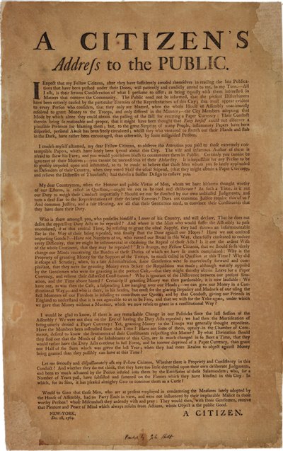 Polgári beszéd a nyilvánossághoz a királyi csapatok támogatásáról, 1769. december 18. alkotó: American School