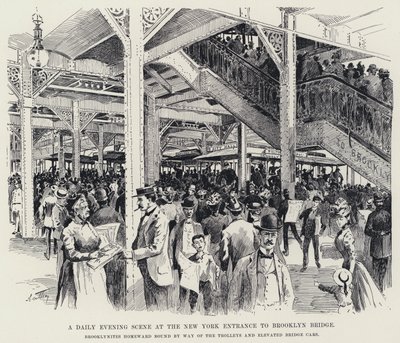 Napi esti jelenet a Brooklyn Bridge New York-i bejáratánál (litho) alkotó: American School