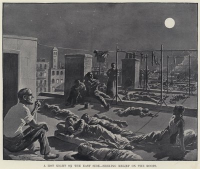 Forró éjszaka a keleti oldalon, enyhülést keresve a háztetőkön (litho) alkotó: American School