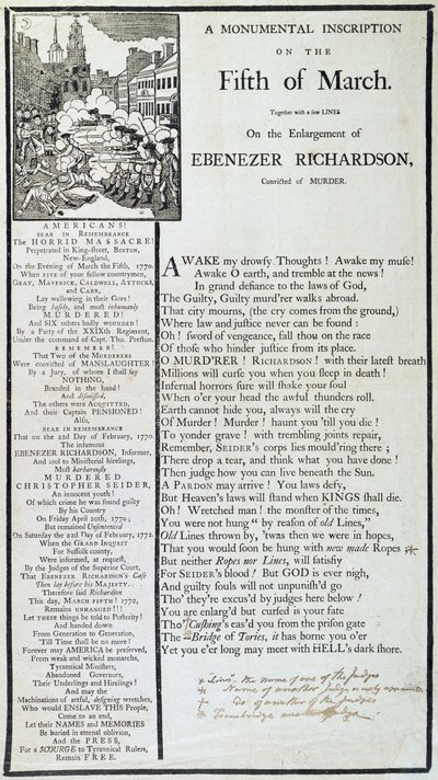 Monumentális felirat 1772. március ötödikén (nyomtatott) alkotó: American School
