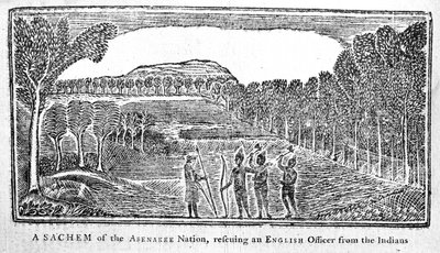 Egy Sachem az Abenakee Nationből egy angol tisztet megmentő, illusztráció a Bickerstaffs Boston Almanack-ből, 1768-ban alkotó: American School