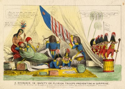 Biztonságban lévő bivak, vagy a floridai csapatok megakadályozzák a meglepetést, kiadó: H R Robinson, New York, 1839 körül alkotó: American School