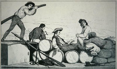 Rakományt szállító platós hajó a Mississippi folyón, 1840 körül (metszet) alkotó: American School