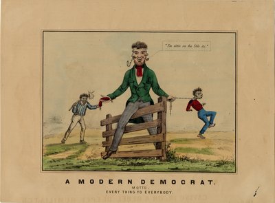 Egy modern demokrata: mottó: mindent mindenkinek, kőbe írva: HAP, megjelent Dubuque, Iowa, 1860 körül alkotó: American School
