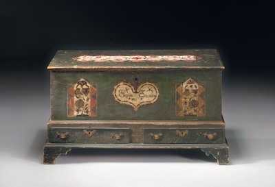 Festékekkel díszített emelős láda, Susana Scheblern felirattal, valószínűleg Lancaster megye, Pennsylvania, 1790 alkotó: American School