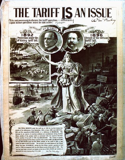 Egy politikai plakát, amely a McKinley adótörvényét támogatja Wilsons helyett alkotó: American School